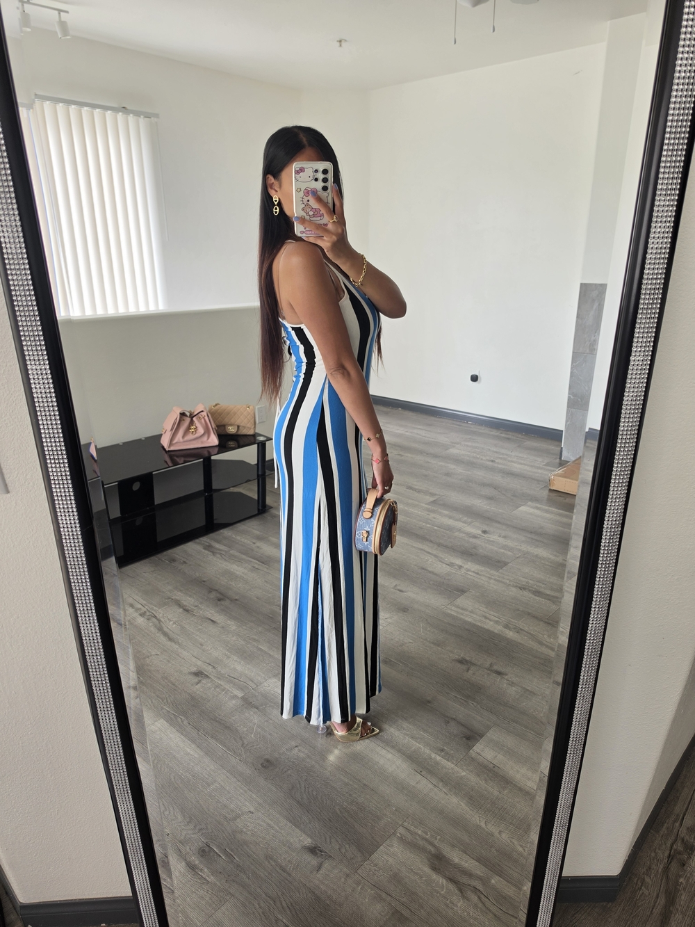 Striped Blue & White Maxi Slip Dress with Side Slit - Picture 6 of 13